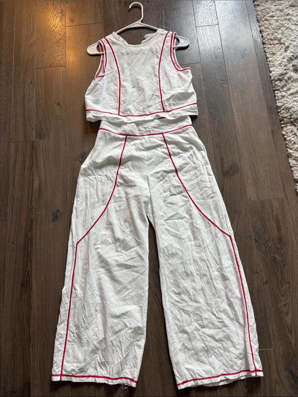 White Wide-Leg Two-Piece Jumpsuit with Red Piping